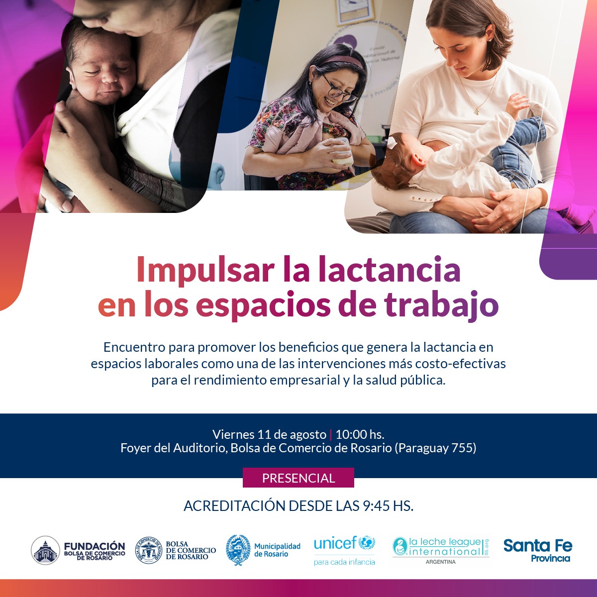 Junto con UNICEF y la Liga de La Leche Argentina, te invitamos conocer los beneficios que genera la lactancia en espacios laborales.

🗓️ 11 de agosto
🕙  9:45 a 12 hs
📌  Foyer del Auditorio, Bolsa de Comercio de Rosario (Paraguay 777)
📝 Inscripción: forms.gle/HtTGoNP3KDThs4…