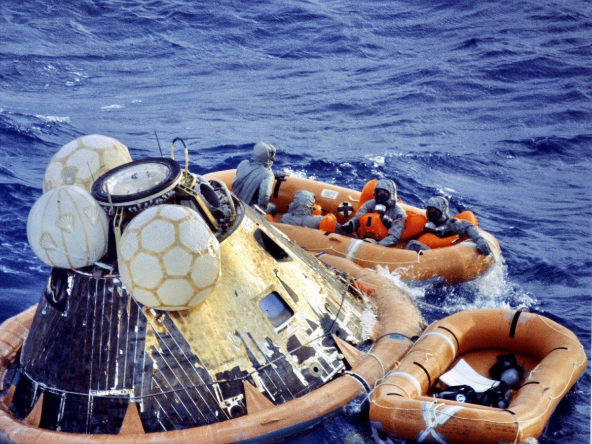 armstrongspace's tweet photo. JULY 24: #OnThisDay in 1969, the Apollo 11 astronauts splashed down in the Pacific Ocean after an eight day expedition to the lunar surface and back. 

The astronauts were recovered by US Navy Frogmen (UDT-11) Clancy Hatleberg, Wes Chesser, Mike Mallory, and John Wolfram. https://t.co/rMj8uEz47E