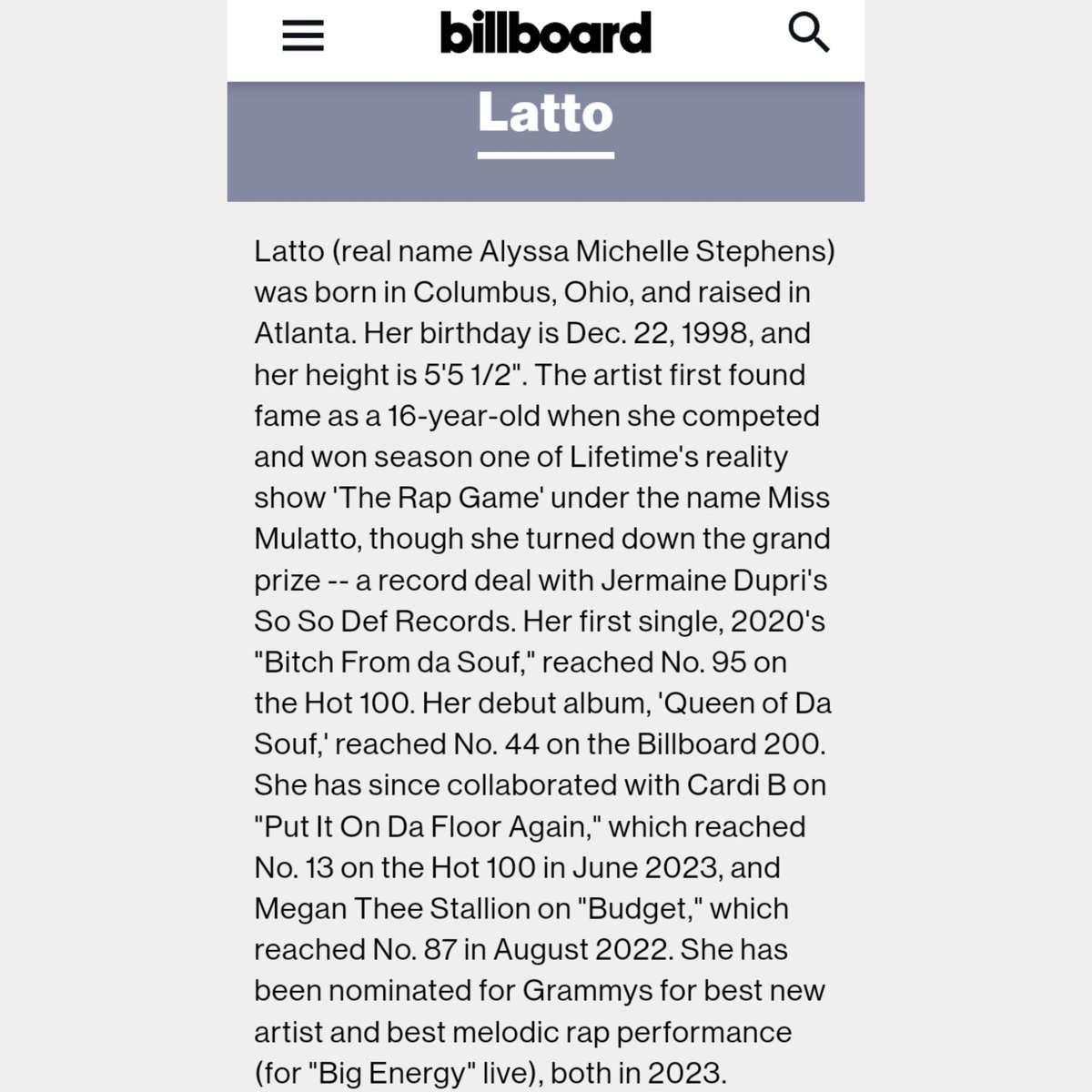 lattocrave's tweet photo. Billboard has updated Latto's bio in their site! https://t.co/eNvWafBXx2