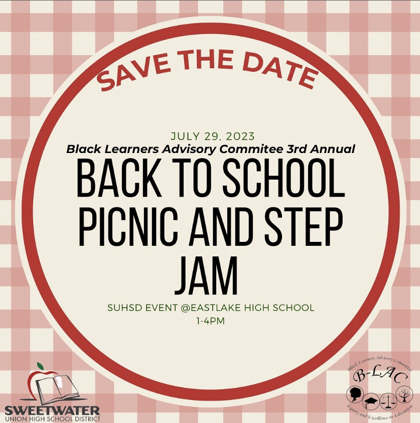 SUHSD parents, get ready for the Back to School Soulfood Picnic and Step Jam! Saturday, July 29th, 2023 at 1:00 PM at Eastlake HS. Bring your friends and family along for a day filled with fun, games, entertainment and great food.
#parentsuhsd <a href="/SUHSD/">Sweetwater Union High School District</a>