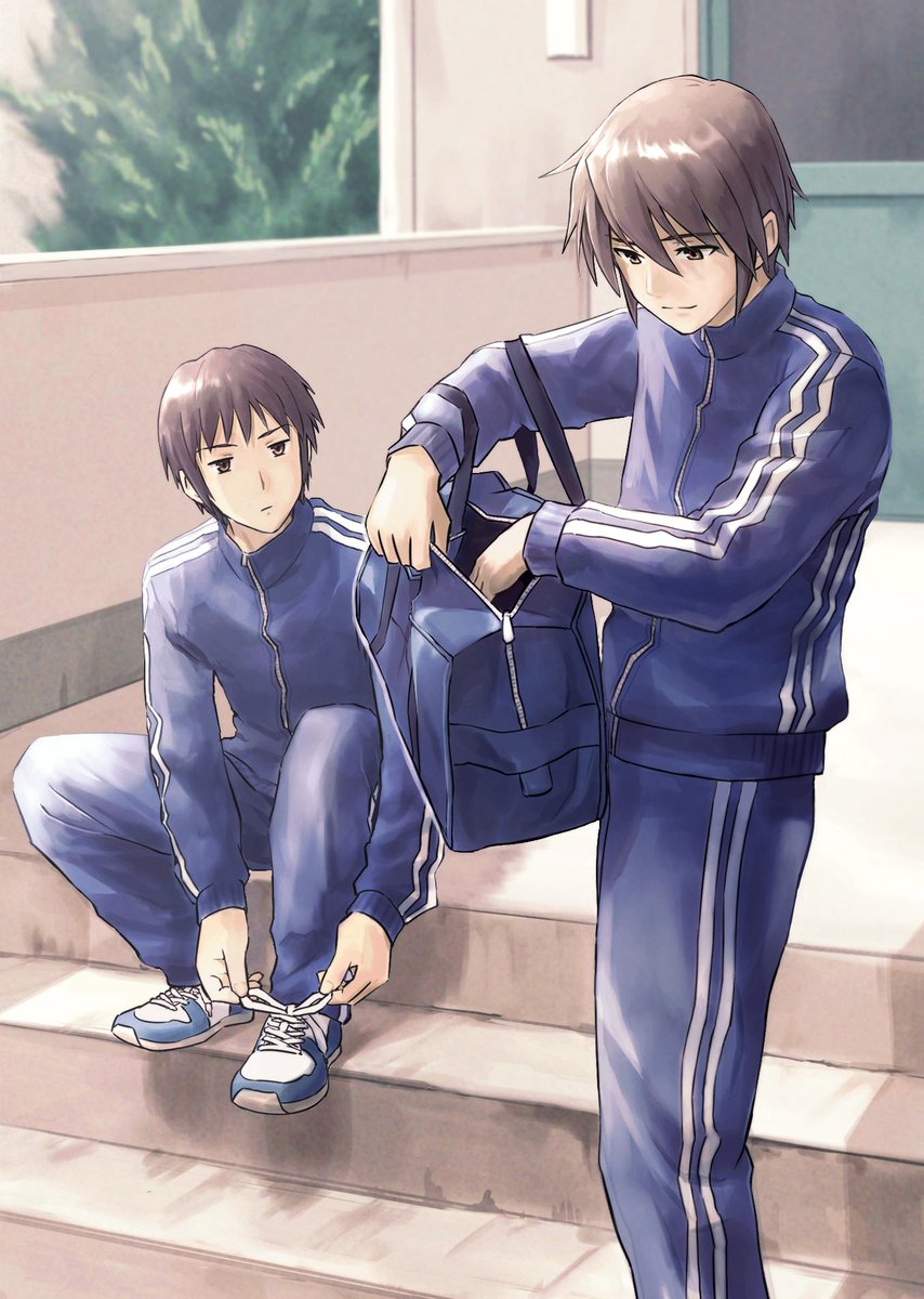 koizumi itsuki ,kyon 2boys multiple boys male focus bag stairs jacket pants  illustration images