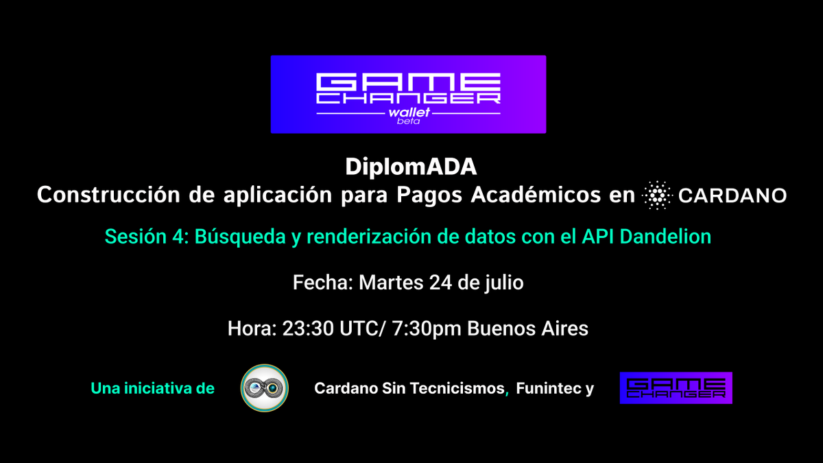 cardano_st's tweet photo. No te pierdas la última sesión del programa #diplomADA hoy a las 7:30 pm Buenos Aires. ¡Creamos un MVP de dApp en #Cardano en un mes! Gracias a el apoyo de @GameChanger. https://t.co/2Meaw7A2Qe