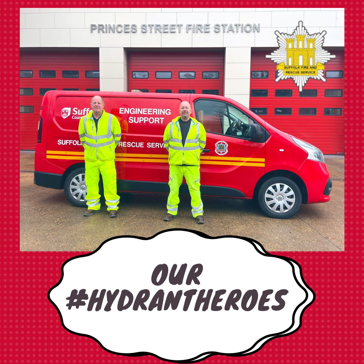 Sean Morgan and Rob Ling play a crucial role in ensuring our fire hydrants are well maintained ready for use in an emergency by our #firefighters 🚒 Our “Hydrant Heroes” travel countywide maintaining our hydrants if you see them be sure to say hello📷 #suffolk #hydrantheroes 📷🔥