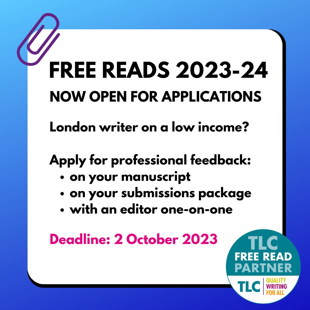 Our #FreeReads scheme with @TLCUK is BACK! Open to London writers on a low income, apply for the opportunity to get professional feedback: - on your manuscript - on your submissions package (new!) - with an editor 1-2-1 (new!) D/L 2 October - info here 👉 spreadtheword.org.uk/free-reads-202…