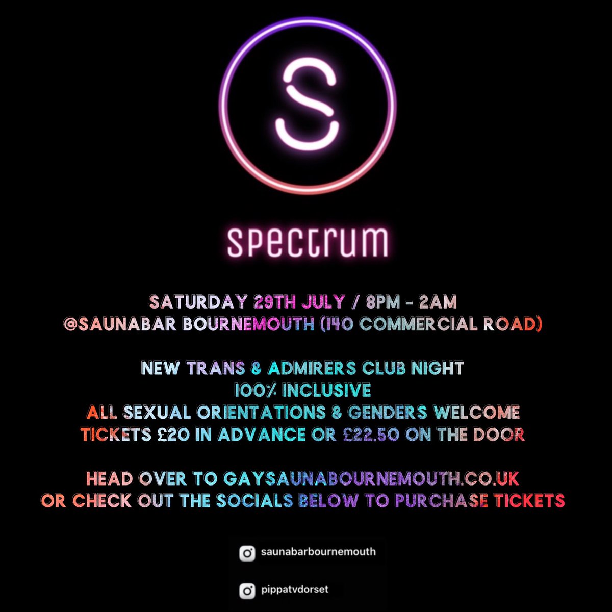 Saunabar_Bmth's tweet photo. Spectrum, Bournemouth’s newest trans & admirers club night @Saunabar_B on Sat 29th July, 8pm - 2am. Get your tickets from https://t.co/f8mHW1PJ95… 100% inclusive, all genders and sexual orientations welcome. #tgirl #tboys #tmen #tgirladmirer #trans #transadmirer https://t.co/vOzCSWIt1P