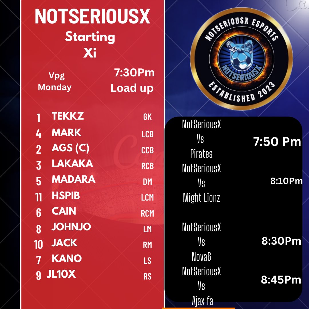 ⚫️Matchday🔵

BRFC Midweek
🆚Pirates
🕛7:50pm (UK)

🏴󠁧󠁢󠁥󠁮󠁧󠁿 Prem 
🆚Mighty Lionz
🕛8:10pm (UK)

     Esports Cup
🆚Nova 6
🕛8:30pm (UK)

🇪🇺Premier A
🆚Ajax FA
🕛8:45pm (UK)