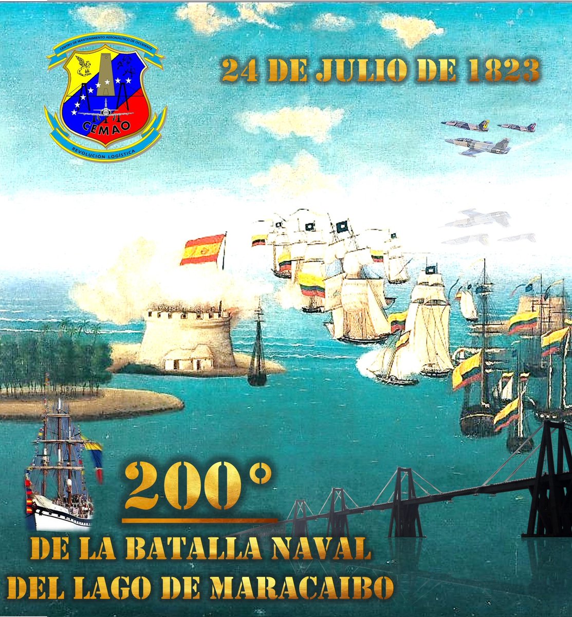 CEMAOOCCIDENTE's tweet photo. #24Jul Hoy se cumplen 200 años de la Batalla Naval del Lago de Maracaibo, la gesta que consolidó nuestra libertad y soberanía. Honor y gloria al almirante Padilla y a los valientes marinos que derrotaron al imperio español. ¡Viva la patria grande! #BicentenarioBatallaNaval https://t.co/vNvZR3u9qQ