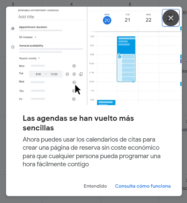 ¡Ojo cuidao!

Google lanza una herramienta gratuita tipo Calendly para agendar reuniones y citas.

Te permite generar un enlace de reserva o incluso incrustarlo directamente en tu sitio web 💣