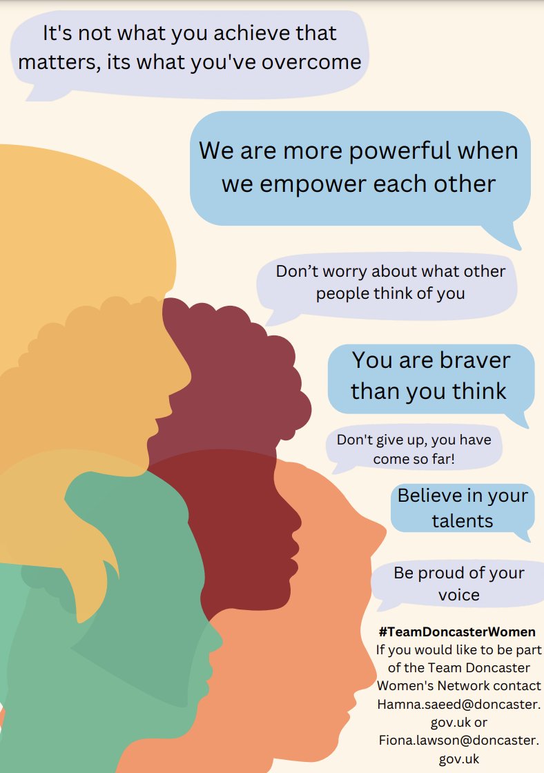👭 #TeamDoncasterWomen's Network is a supportive community that believes in empowering each other and making every voice heard.

💌 Interested in joining this empowering network? Contact Hamna.saeed@doncaster.gov.uk or Fiona.lawson@doncaster.gov.uk for more details.