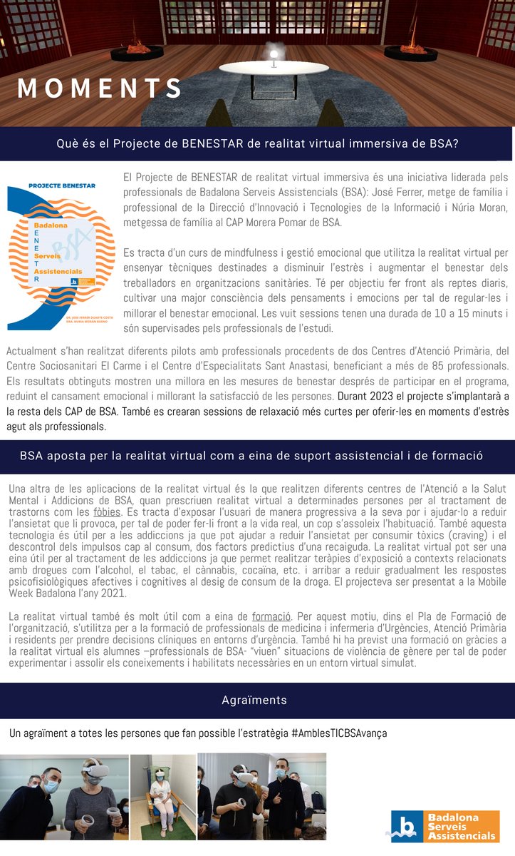 BSABadalona's tweet photo. 🆕 #MOMENTS d'aquest mes de juliol!

👉 Parlem del projecte de BENESTAR de realitat virtual immersiva, liderada per José Ferrer, metge de família i professional de la Direcció d’Innovació i Tecnologies de la Informació i Núria Moran, metgessa de família al CAP Morera Pomar. https://t.co/JLymSzvWX5