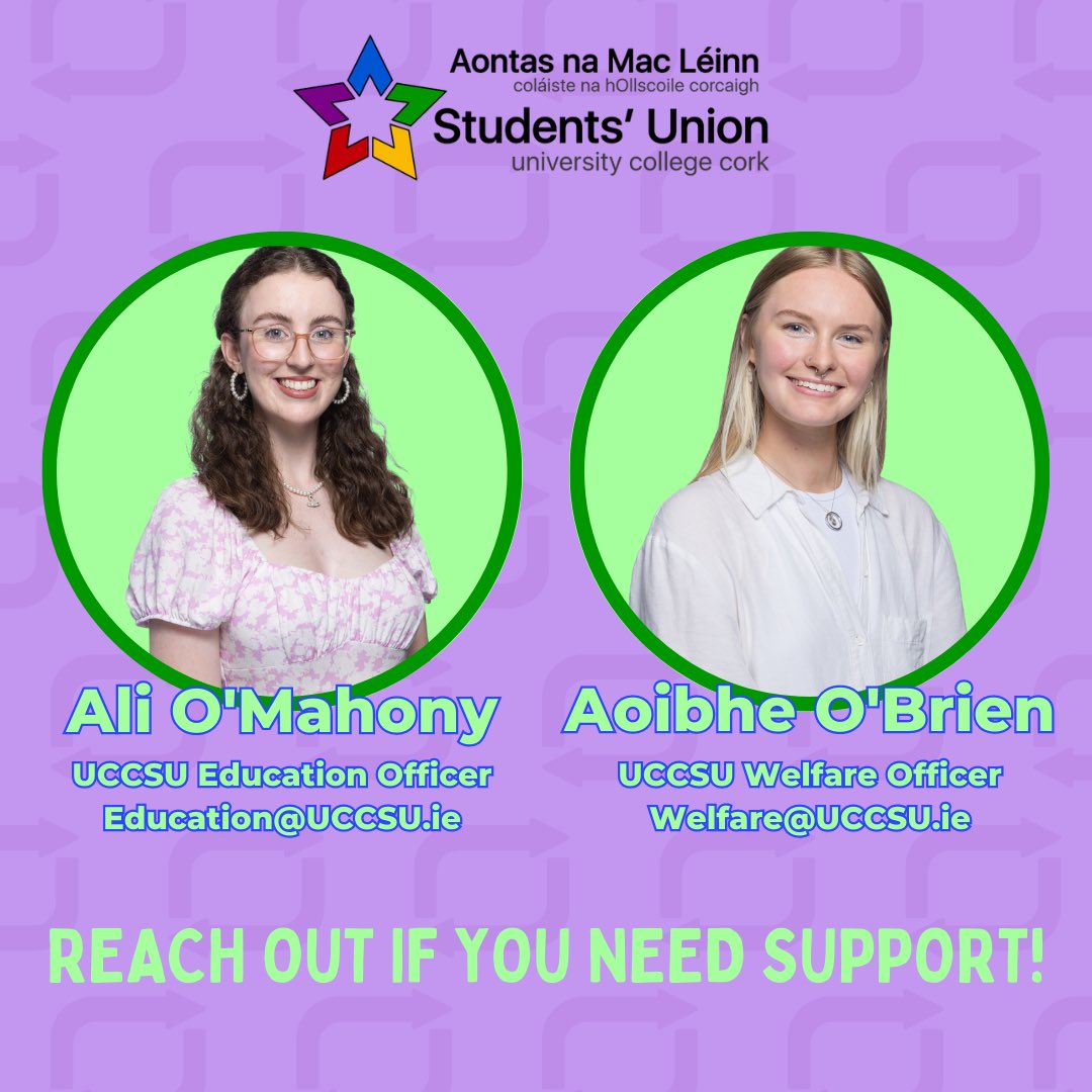 Best of luck to all those who are sitting repeat exams starting this Friday! 💚💜 We have posted some tips & tricks over on our Instagram @uccsu & Facebook to help you #BeatTheRepeats 📚✅ Need a hand? You can reach out to Ali or Aoibhe 👇🏾👇🏾💫