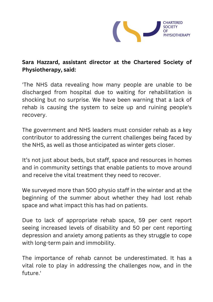 'We have been warning that a lack of rehab is causing the system to seize up'. Our response to data published today revealing the reasons for hospital departure delays: bbc.co.uk/news/uk-englan… Rehab is vital in addressing the challenges now and in the future. #RightToRehab