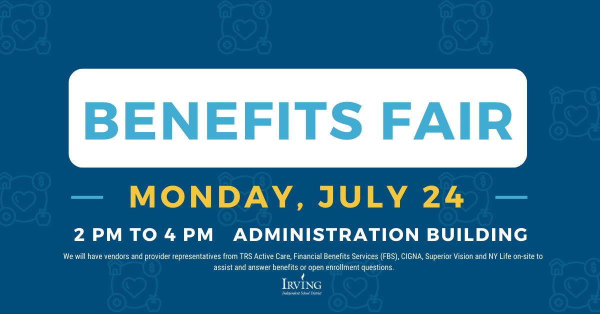 Today is the day for the ⁦@IrvingISD⁩ Benefits Fair. Come learn about all the wonderful options available for our staff. We hope to see you in the place!