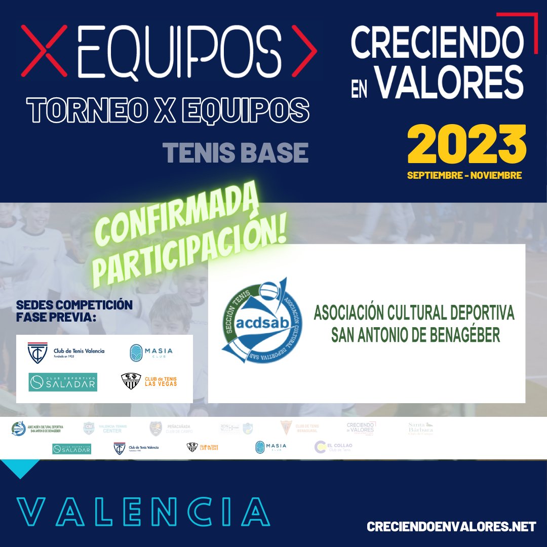 CreciendoenVal1's tweet photo. Seguimos sumando equipos participantes del torneo XEquipos @CreciendoenVal1 2023. 

En esta ocasión @ACDSAB que jugará la fase previa en #Valencia.    

#Barcelona #Madrid #Cordoba #tenis #tenisbase #tenisxequipos https://t.co/IBx7x8969l