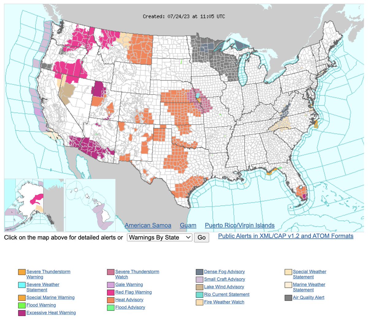 #Heat related hazards are in effect in many areas in the western half of the U.S. this morning, while air quality alerts cover much of #Minnesota and #Wisconsin.

View all U.S. weather hazards here: https://t.co/2Ao7ryR5hf https://t.co/LbLe8OzQwj
