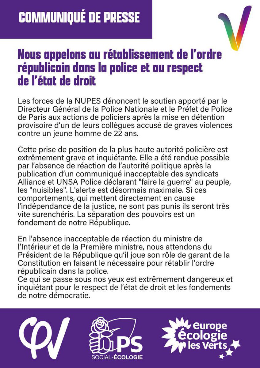 🔴 « Nous appelons au rétablissement de l’ordre républicain dans la police et au respect de l’état de droit ! » Communiqué de la NUPES ⤵️
