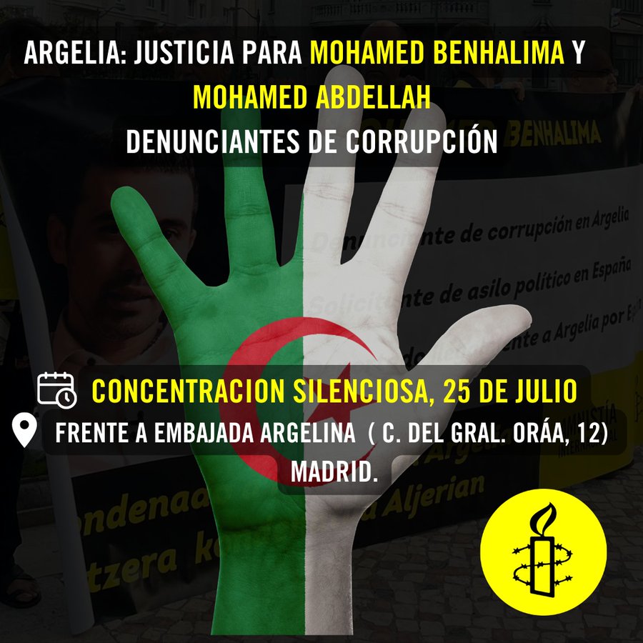 El martes 25 de julio, activistas de Amnistía Internacional se concentrarán en Madrid frente a la Embajada de Argel para pedir la libertad de Mohamed Benhalima y Mohamed Abdellah, deportados vergonzosamente en donde han sido enjuiciados sin garantía legales
Desde @OlgaFranco81
🧵