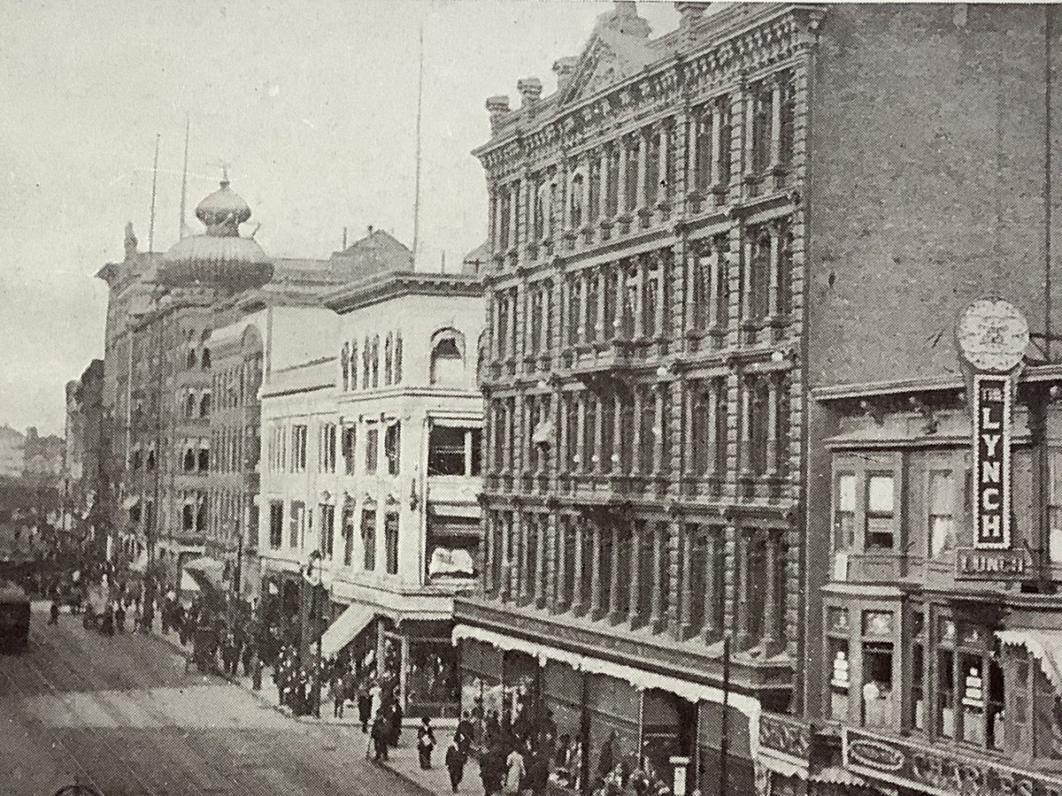 Sorry to omit the picture first time around.  The five story building in the foreground occupied by the temperance hotel known as the Evans House. It no longer stands but you may recognize the Fuller Building with the onion dome in the distance at Main and Bridge Streets. https://t.co/5cMYXuUxtb