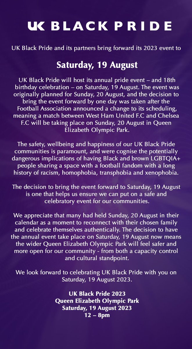 A UK Black Pride date change. Please read #UKBlackPride