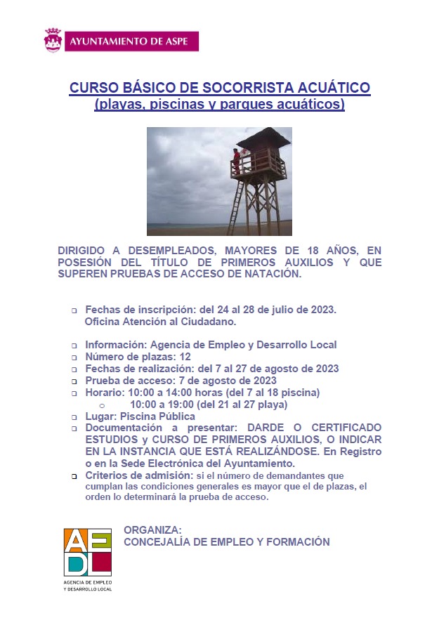Curso Básico de #SocorristaAcuático

Este curso garantiza casi al 💯 conseguir un contrato en el sector

Se podrán inscribir aquellas personas mayores de 18 años que hayan obtenido este año o en años anteriores el título de primeros auxilios y que superen las pruebas de natación