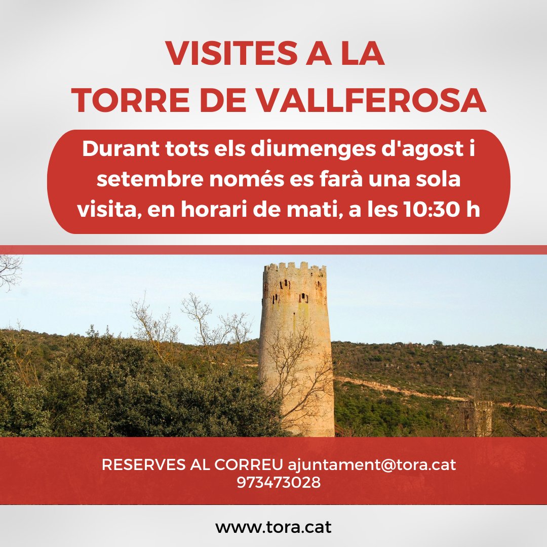 📢 Us informem que durant tots els diumenges d'agost i setembre només es farà una sola visita a la Torre de Vallferosa, a les 10.30 h 📍Cal que reservis la visita a través del correu electrònic 📩ajuntament@tora.cat, o bé, trucant al telèfon de l'ajuntament ☎️ 973473028