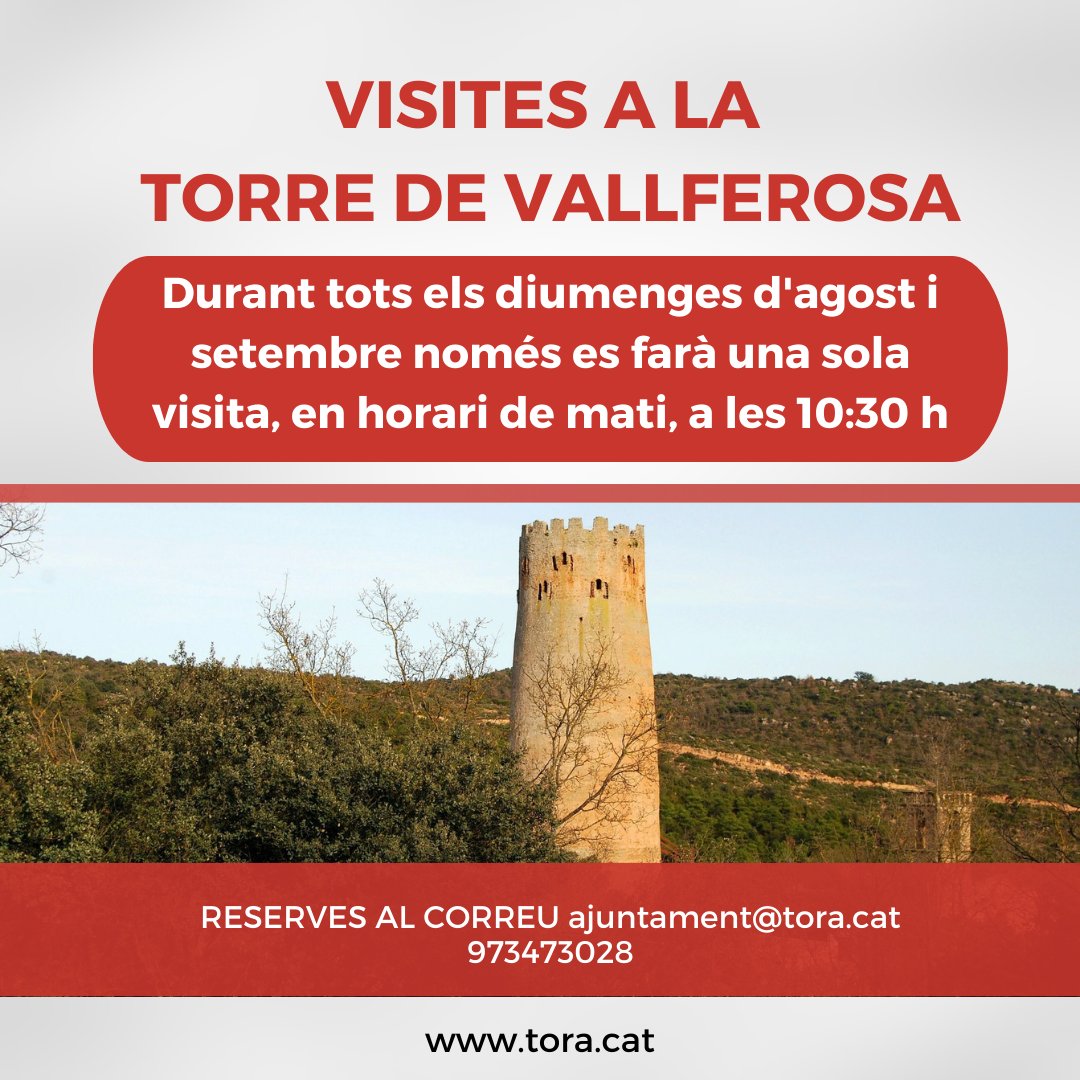 Ajuntament Torà (@ajuntamenttora) on Twitter photo 📢 Us informem que durant tots els diumenges d'agost i setembre només es farà una sola visita a la Torre de Vallferosa, a les 10.30 h
📍Cal que reservis la visita a través del correu electrònic 📩ajuntament@tora.cat, o bé, trucant al telèfon de l'ajuntament
☎️ 973473028 📢 Us informem que durant tots els diumenges d'agost i setembre només es farà una sola visita a la Torre de Vallferosa, a les 10.30 h
📍Cal que reservis la visita a través del correu electrònic 📩ajuntament@tora.cat, o bé, trucant al telèfon de l'ajuntament
☎️ 973473028