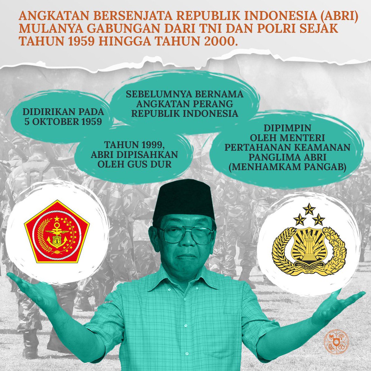puspenpol's tweet image. Udah tau? kalo Polri dan TNI dulunya sempat tergabung dalam Angkatan Bersenjata Republik Indonesia (ABRI)? 🇮🇩 Dulu udah pakai "Halo dek" belum y? 🤔

#puspenpol #politik #abri #halodek