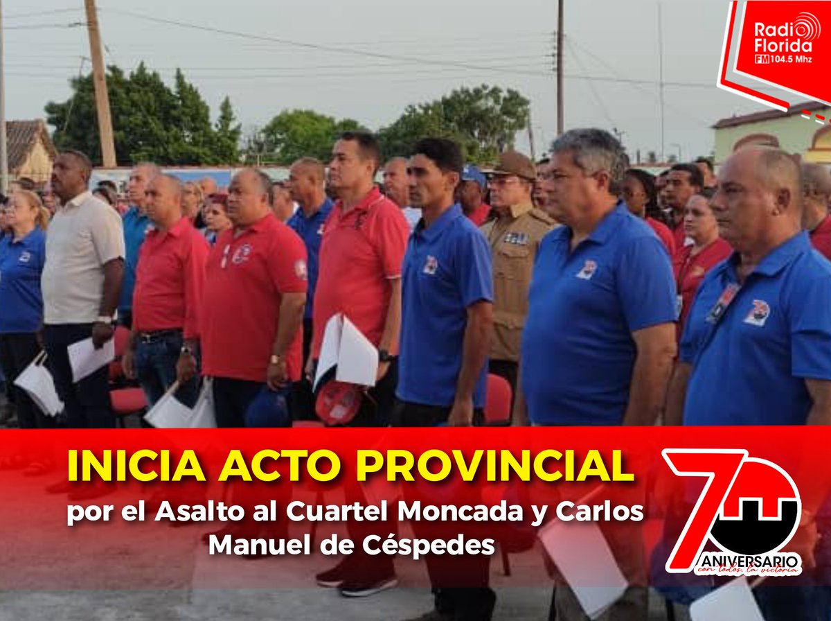 Con la presencia de las máximas autoridades del <a href="/PartidoPCC/">Partido Comunista de Cuba</a> y <a href="/GobCamaguey/">Gobierno de Camagüey</a> en #Camagüey 🇨🇺inició en el municipio de #Céspedes el acto provincial por el Día de la Rebeldía Nacional #70Moncada #ConTodosLaVictoria #26DeJulio 
📸<a href="/radioflorida/">Radio Florida de Cuba.</a> 
<a href="/JorgeSutil2/">Jorge Sutil S</a> <a href="/FHHernndez1/">Federico Hernández Hernández</a>