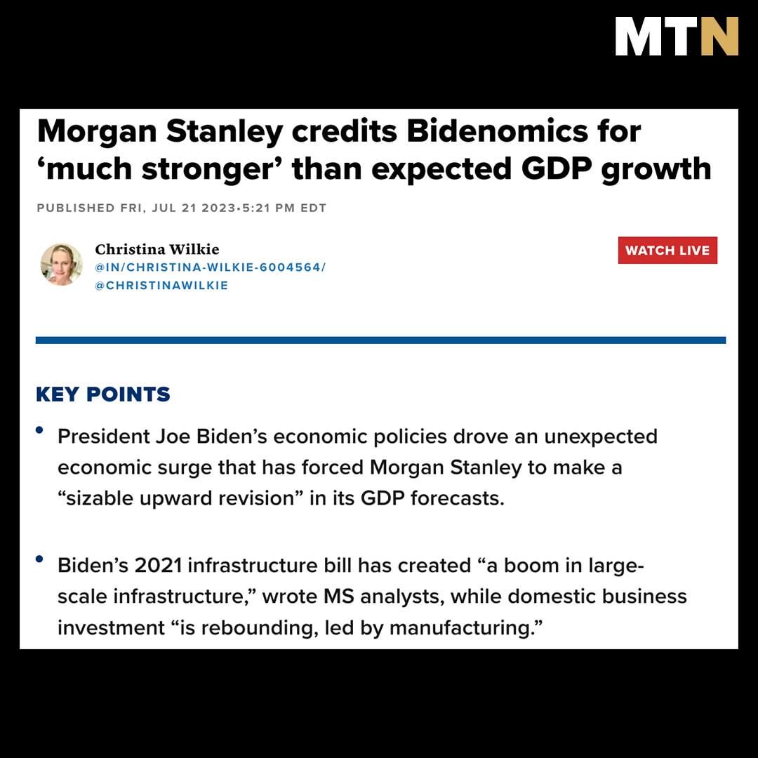 TonyHussein4's tweet photo. Welcome to X. What do you think? X Marks the Spot of the future of Twitter. Morgan Stanley credits Bidenomics for ‘much stronger’ than expected GDP growth. President Biden’s Infrastructure and Jobs Act is “driving a boom in large-scale infrastructure,” wrote Ellen Zentner, chief U.S. economist for Morgan Stanley. 

“The economy in the first half of the year is growing much stronger than we had anticipated,” Zentner wrote.

That's #Bidenomics. Thanks President Joe Biden.