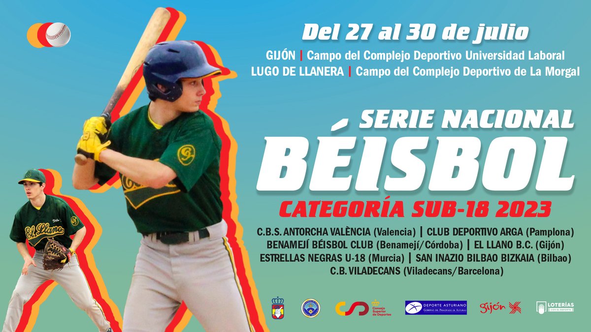 Más de 140 deportistas se darán cita en la SERIE NACIONAL DE BÉISBOL SUB 18 ⚾️ que se disputará del 27 al 30 de julio en los Campos de Béisbol de la Universidad Laboral y el C.D. La Morgal.

Más info ➡️ acortar.link/kUMv8G

#gijondeporte #béisbol #serienacionalbéisbol