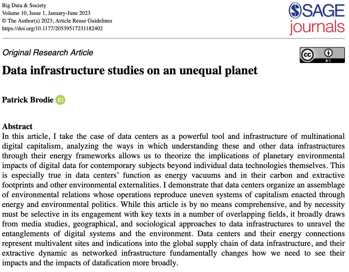 BigDataSoc's tweet image. Check out this new article! &apos;Data Infrastructure Studies on an Unequal Planet&apos; by Patrick Brodie @patbrodie337 buff.ly/3JyxYbG
#DataCenters #dataInfrastructures #dataColonialism #energy #extractivism #environmentalmedia