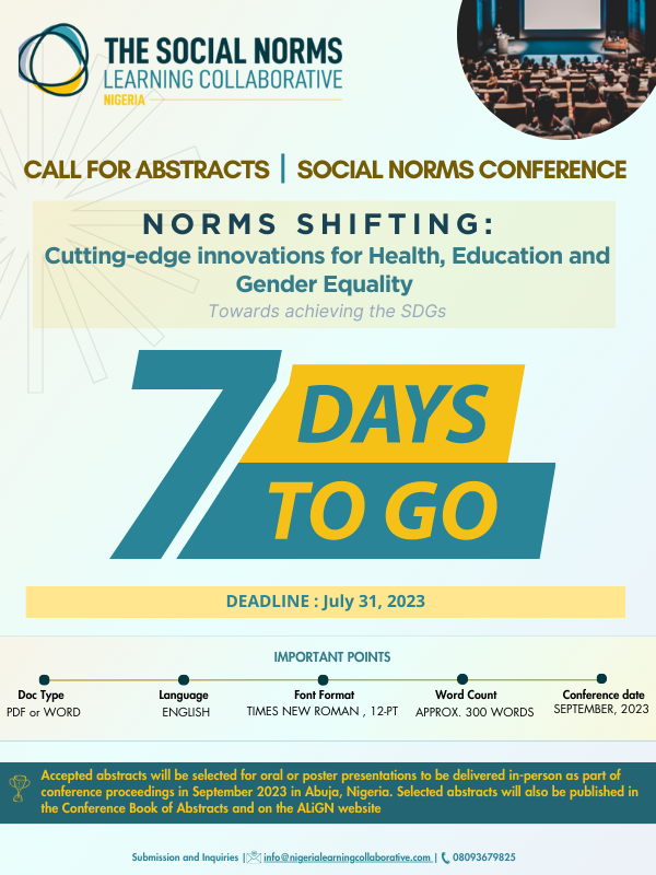 LC_SocialNorms's tweet photo. ๐ฃ7 days left to submit your abstract!
Join us in reshaping societal norms for better health, education, and gender equality. Innovators, researchers, and change-makers, we want your ideas. Don't miss out on this opportunity!
#CallForAbstracts #SDG #SNLC https://t.co/jtuNdx7yD8