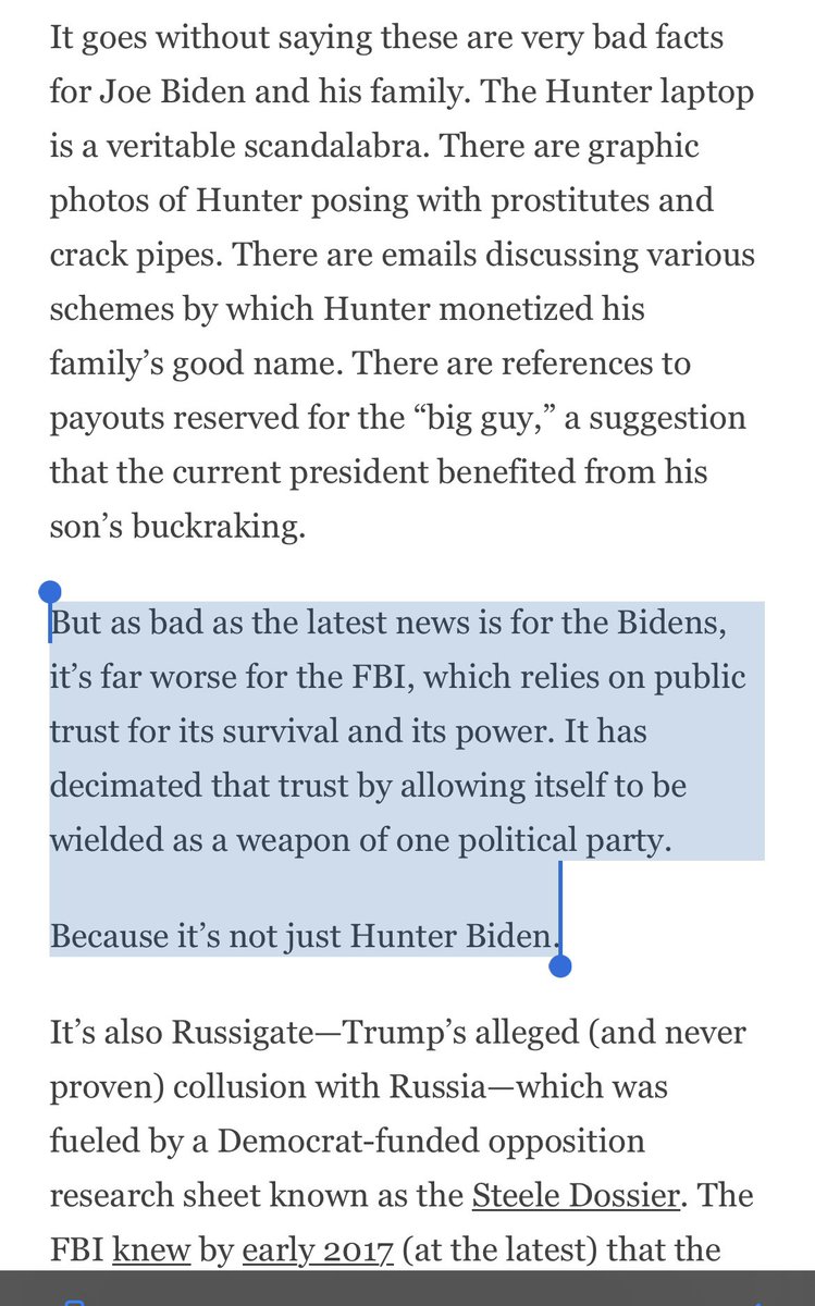 tomselliott's tweet photo. .@EliLake: “But as bad as the latest news is for the Bidens, it’s far worse for the FBI, which relies on public trust for its survival and its power. It has decimated that trust by allowing itself to be wielded as a weapon of one political party.” https://t.co/DpnaxnthOa https://t.co/Hn4jUFlKi3