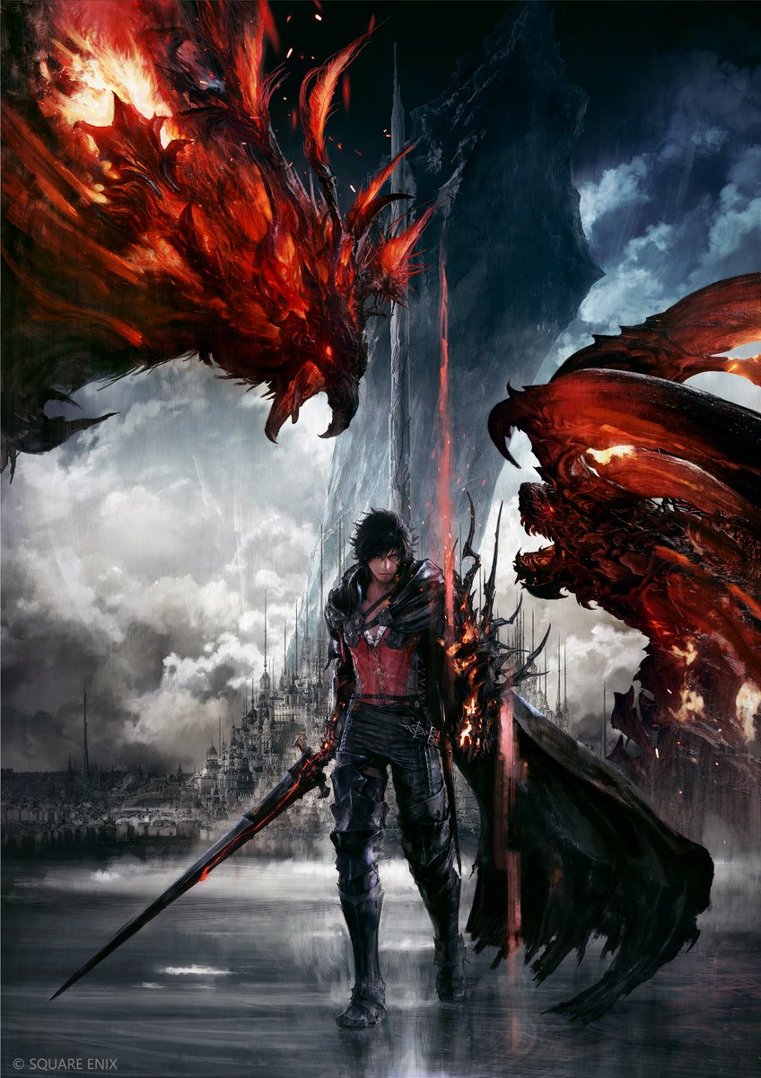 FF16 アート】 クライヴと召喚獣フェニックス、イフリートが描かれた