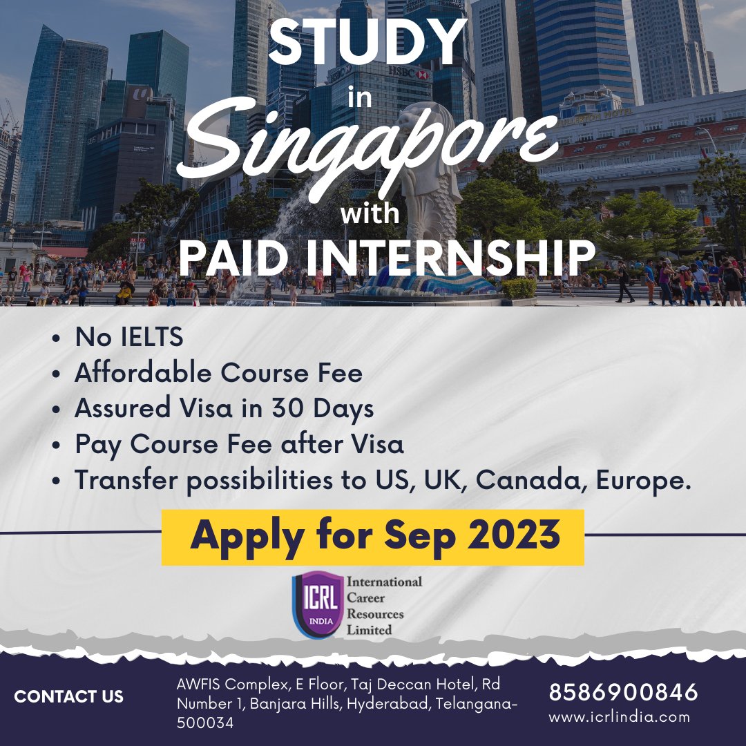 Take your chance and apply to prestigious colleges in Singapore. 

Call us on +91 85869 00846 or mail your query to info@icrlindia.com.

Follow @icrlindia for more!

#Singapore #singaporeducation #singaporenews #workinsingapore #Jobs #collegestudents #collegestudents #visa