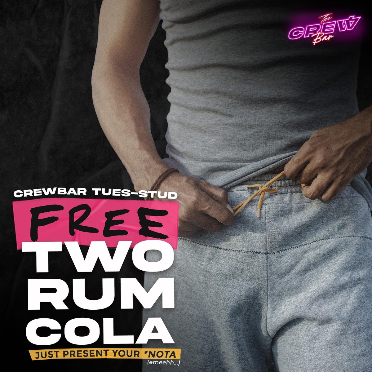 Torjak21's tweet photo. Just present your nota upon entry and get your 2 rum cola at the bar. CHAROT!!

Tuesday treat for all dudes. 

✔️ Unli-Cocktail 450
✔️ Private Karaoke room 
✔️ Unli-Shots

🕔 Open 5PM - 3AM
📍 Veca Bldg., Chino Roces St., Corner Estrella Ave., Makati City

#unlicocktail https://t.co/vuMJW6iO2l