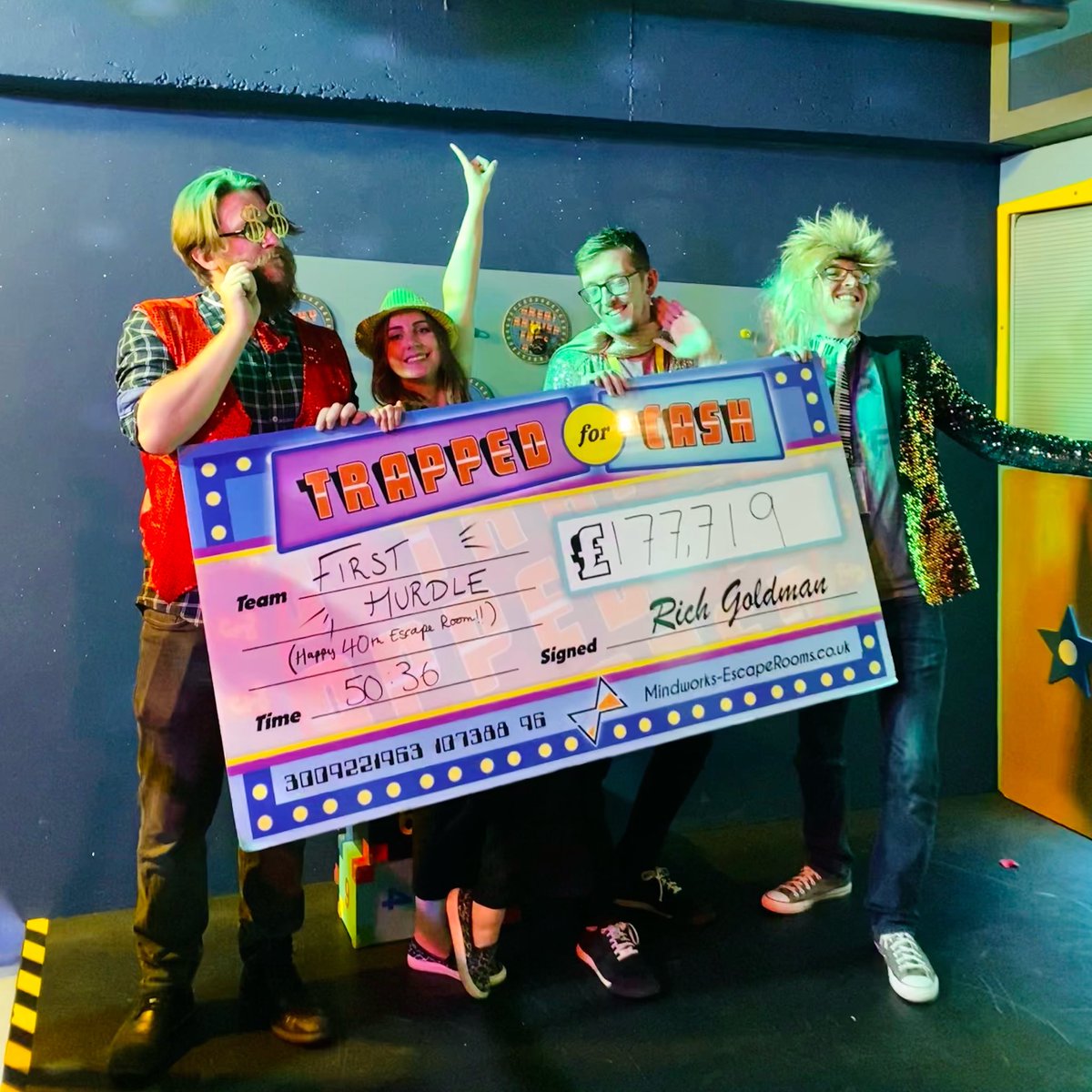 What a SHOW-STOPPING performance… these guys just set a NEW RECORD!! 🤯💰🚨

Congrats team ‘First Hurdle’… your 40th escape room was an INSANE success!!! Our game ‘Trapped For Cash’ has a new top score of £177,719!!!! 🥹😱💰🥇✨

Massive well done guys!!! 🎬🪩🎤🎥

#escaperoom