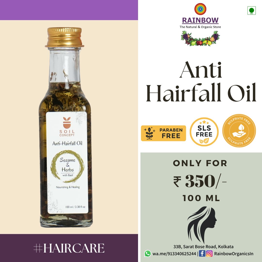 OrganicsRainbow's tweet image. Soil Concepts Anti-Hairfall Oil enriched with Herbs  Completely free of Parabens, SLS, Sulfates, Mineral Oil, Petroleum, Preservatives, Colors &amp;amp; Synthetic Fragrance. A noticeable difference can be seen after a few applications.  

#healthstore #kolkata #buylocalsupportlocal
