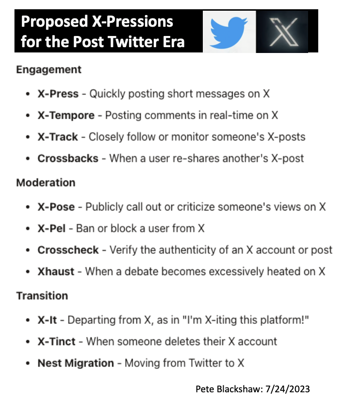 pblackshaw's tweet photo. Proposed X-Pressions for the post @Twitter X era. 

@elonmusk #socialmedia https://t.co/XYXpUcPMtU