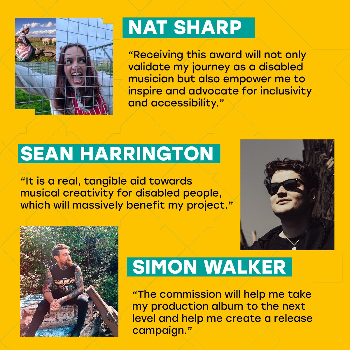 .<a href="/weareunltd/">UNLIMITED</a> micro-commissions announcement! Meet the successful recipients of our micro-commissions for music-led work to be created this year.

<a href="/Nat__Sharp/">NAT#</a>, Sean Harrington, <a href="/simonwalkeruk/">Simon Walker</a>,
<a href="/djsocahaze/">Soca Haze</a>, Joshua Smith &amp; Ding Frisby!  

Congrats all! #KYOM23