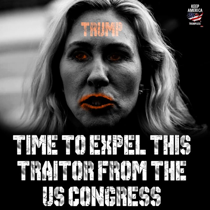 jwthorne99's tweet photo. @RepMTG This sack of lies does nothing to help anyone but stays busy sowing disinformation full time over ridiculous conspiracy claims &amp; anti Biden lies. She should be in prison for her Jan6 lies. https://t.co/M21qBJSTBP