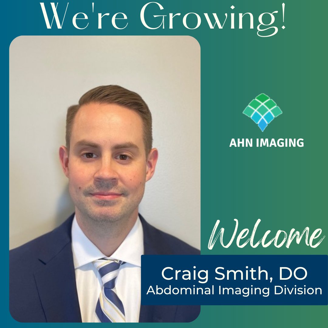 AHNImaging's tweet photo. Dr. Craig Smith completed a diagnostic radiology residency at Allegheny General Hospital in Pittsburgh and recently completed an Abdominal Imaging fellowship at the University of Virginia in Charlottesville. https://t.co/plfeMV2LAf