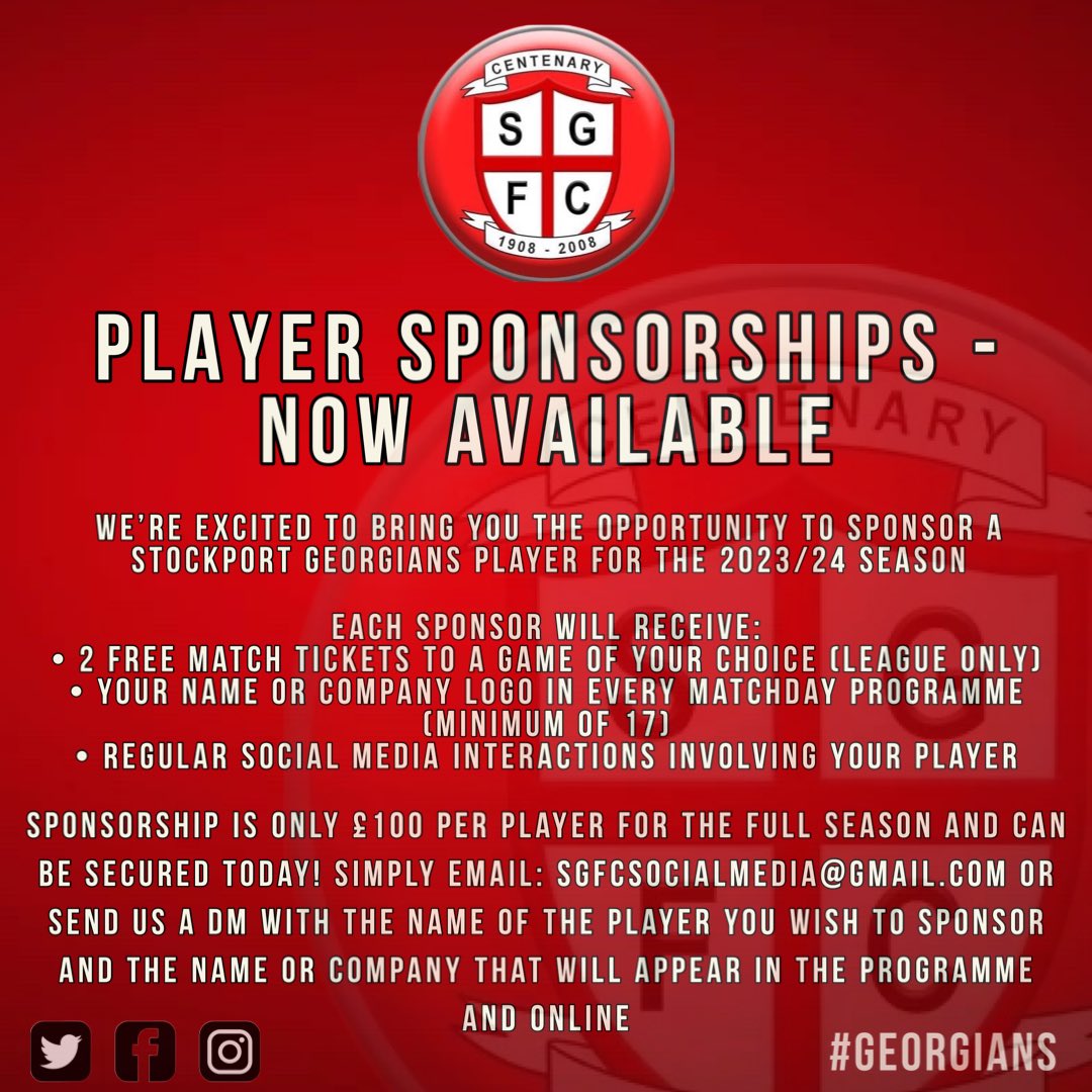 🚨👤| 𝗣𝗹𝗮𝘆𝗲𝗿 𝗦𝗽𝗼𝗻𝘀𝗼𝗿𝘀𝗵𝗶𝗽 𝗢𝗽𝗽𝗼𝗿𝘁𝘂𝗻𝗶𝘁𝗶𝗲𝘀

We’re excited to bring you the opportunity to sponsor your favourite Georgians player for the 2023/24 season!

Please see the attached for more information &amp; thank you for your continued support 🙌

#Georgians