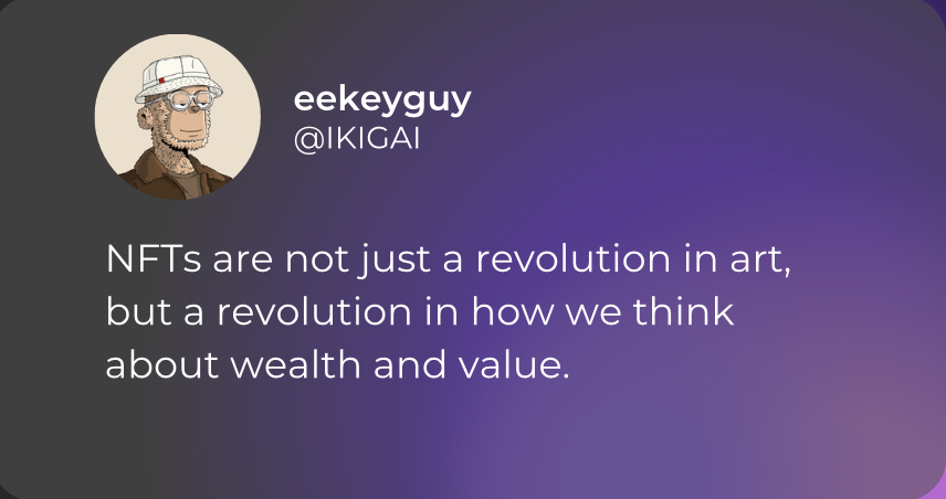 eekeyguyy's tweet photo. NFTs are changing our traditional notions of wealth and value. They're not just digital art pieces sold for millions; they're a new dimension to our understanding of wealth and value.

Traditionally, wealth was tied to tangible assets like property, stocks, or gold. However, NFTs have introduced a new form of digital wealth. For instance, a CryptoPunk, a digital character, can be worth millions, demonstrating that wealth can now exist in purely digital forms.

But the real revolution lies in how NFTs are changing our understanding of value. In the world of NFTs, value isn't just about price or rarity; it's also about utility and ownership.

Consider tokenization, the process of converting rights to an asset into a digital token on a blockchain. This is where NFTs can have real-world utility. For example, real estate, a traditionally illiquid asset, can be tokenized into NFTs, allowing property ownership to be bought, sold, and traded more easily on the blockchain. Each NFT can represent a fraction of a property, making real estate investment more accessible and divisible. The value of these NFTs lies not just in their price but also in their utility as a tool for easier and more flexible property investment.

Similarly, NFTs can be used to represent other forms of real-world assets. Imagine an airline ticket as an NFT. This NFT could be bought, sold, or traded just like a traditional ticket, but with the added benefits of blockchain technology, such as transparency, security, and ease of transfer. The value of this NFT ticket isn't just in its price, but also in its utility as a more efficient and secure form of ticketing.

In conclusion, NFTs are revolutionizing our concepts of wealth and value. They've shown us that wealth can be digital and that value can be derived from real-world utility and ownership. As we continue to explore the potential of NFTs, these concepts will continue to evolve and shape our digital economy.