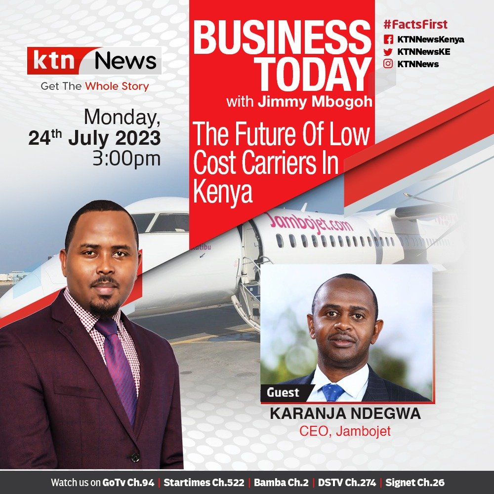 Tune in to @ktnnewske #BusinessToday at 3:00 pm and join our CEO, Karanja Ndegwa, in a conversation about the future of low-cost Carriers in Kenya.  #NowTravelReady
