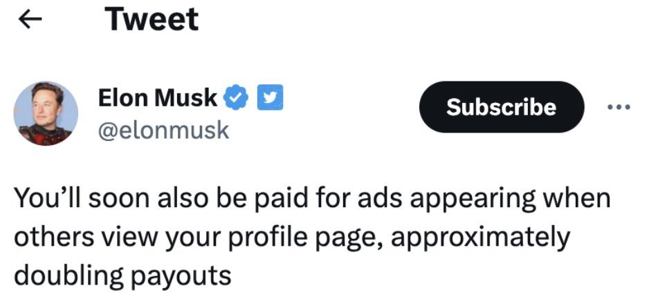 Creator payments:

Payouts and updates:

• You will get paid for profile visits
• You don't need 5M impressions per month
• You don't need to have a subscription button
