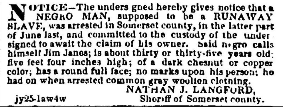 FromSlaves's tweet photo. I was seized and jailed in Somerset County, MD, accused of being a runaway, but I was a free man. I sat in that jail through October 1855. My name was JIM JANES. https://t.co/0IC8GLtwYv