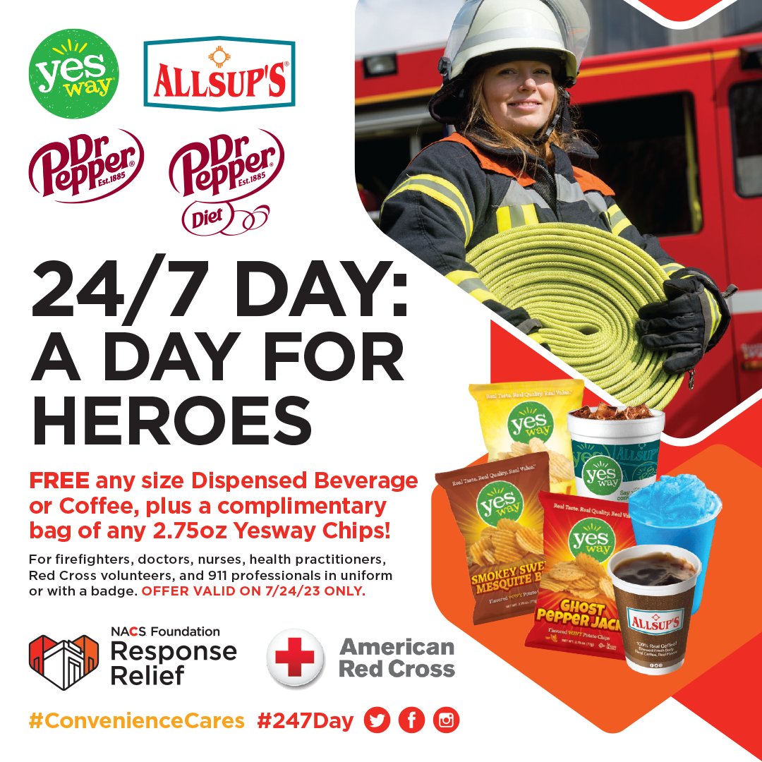 It’s #247Day! We hope to see all first responders, medical and emergency professionals and <a href="/RedCross/">American Red Cross</a> volunteers today as we offer a FREE Dispensed Beverage any size plus a FREE bag of Yesway Chips as a thank you for all you do for your communities, every day.

Help share the...