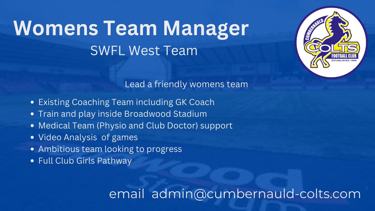Our Womens Team are looking for a new Manager.

If you have experience in the women's game and have at least a UEFA C License, send your football CV to be considered for the Colts Womens Journey!

Deadline Monday 31 July