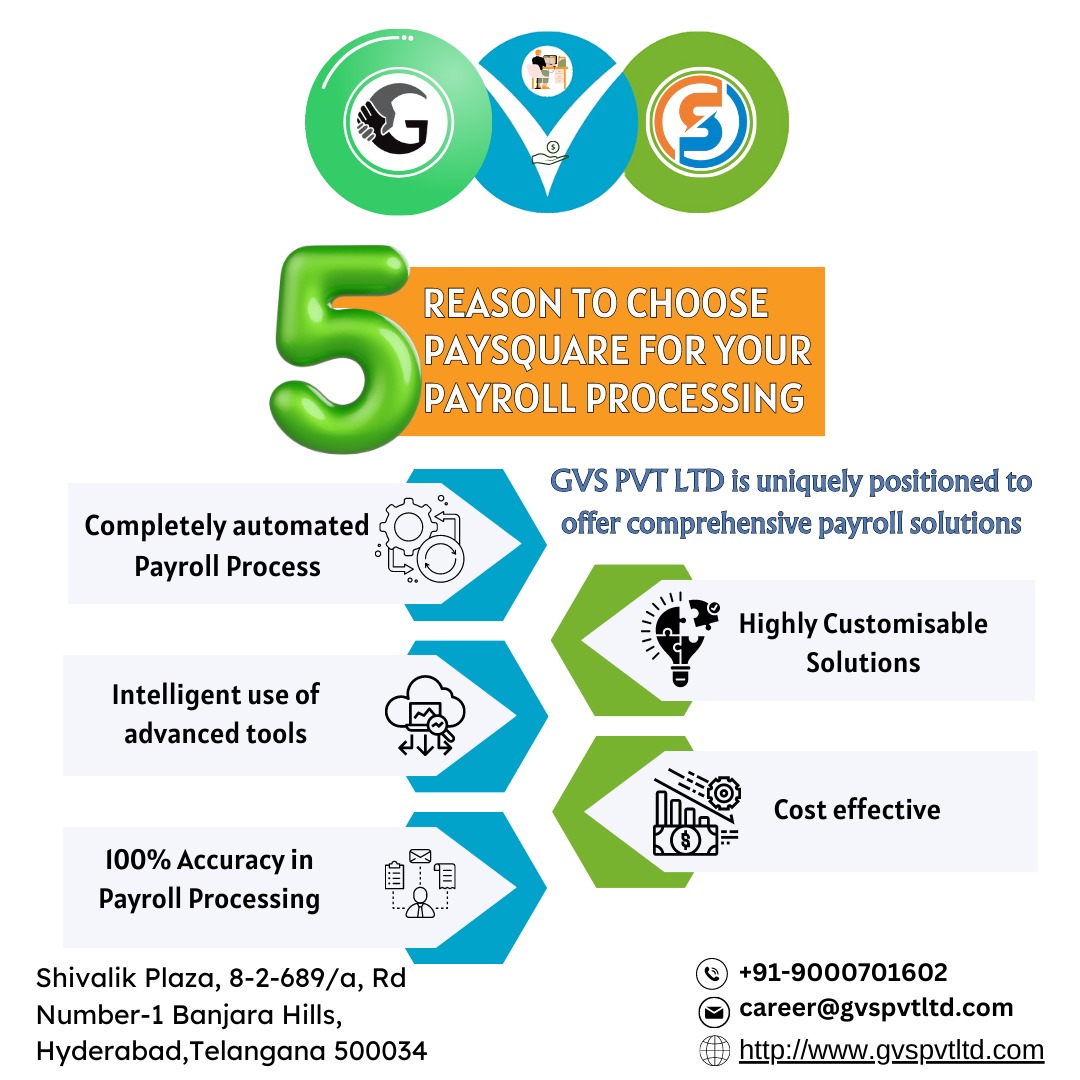 At GVS, we are dedicated to simplifying your payroll process so that you can focus on what matters most - growing your business! 
#GVSPVTLTD #PayrollProcessing #EfficientPayroll #AccurateCalculations #HassleFreeAdministration #TaxCompliance #CustomizedReporting #ScalableSolutions